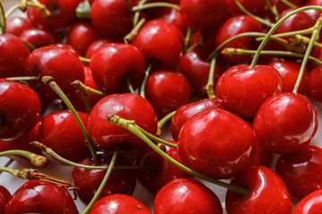 delicious fresh ripe cherries just picked in the garden as background. Fresh red fruits background close-up.