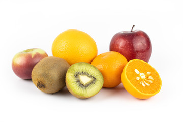healthy fruits. orange, apple, kiwi on white background.