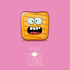 vector funny cookie character isolated on pink background. My name is cookie concept illustration. funky food character or bakery label mascot