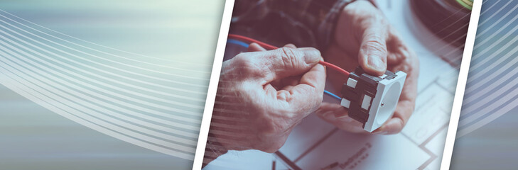 Electrician connecting a wire into a power socket; panoramic banner