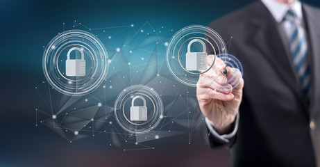 Man touching a network safety concept