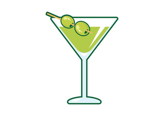Martini drink with olive vector. Martini glass with olive icon. Glass of martini vector. Olive Martini cartoon