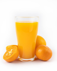 still life photo of orange juice, orange smoothie in glass on white background.