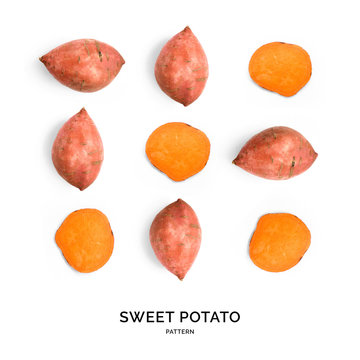 Seamless pattern with sweet potato. Vegetables abstract background. Sweet potato on the white background.