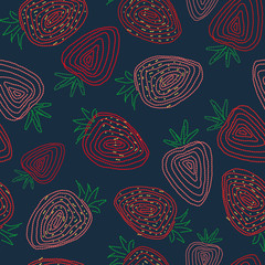 Seamless vector pattern with embroided strawberries on dark teal background. Surface print design.