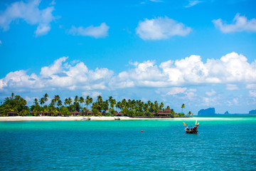 Beautiful Seaside Landscape Summer Beach With Mountain , Mook Island Trang Thailand.