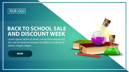 Back to school sale and discount week, discount web banner template for your website in a modern style with books and chemical flasks