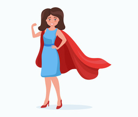 Woman, girl in red cloak saves the world, superwoman, hero. Female character isolated on white background.