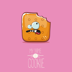 vector funny cookie character isolated on pink background. My name is cookie concept illustration. funky food character or bakery label mascot