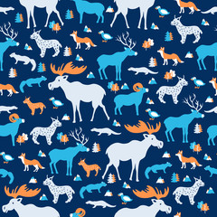 Seamless wild animal pattern, cartoon vector illustration, colorful fox, ram, sable, elk, lynx, deer isolated on blue backdrop, decorative texture, for design wallpaper, textile, greeting card, invite