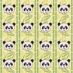 Cute cartoon pandas with bamboo background. Seamless vector illustration