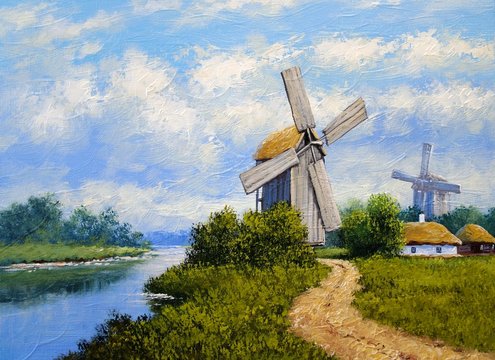 Oil paintings rural landscape, fine art, windmill in Ukraine. Old village.