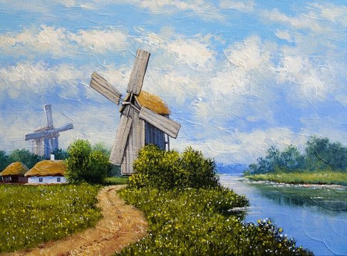Oil paintings rural landscape, fine art, windmill in Ukraine. Old village.