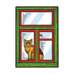 Domestic cat looking out window color sketch engraving vector illustration. Scratch board style imitation. Black and white hand drawn image.