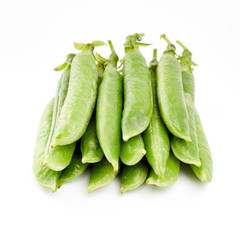 Fresh green pea pod with beans isolated on white background.