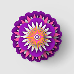 Paper cut design with flower vector composition, floral paper with petals blossom origami style isolated icon vector. Flowering decor made of papers