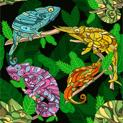 lizard chameleon jungle hand draw seamless pattern