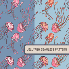 pink jellyfish hand drawn seamless pattern