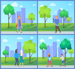 Man and woman going in city park, children activity on skateboard and scooter, people character walking near building and trees, person outdoor vector