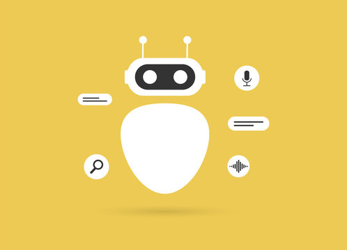 Chatbot and robot flat white icon on a yellow background with a shadow and few icons of search, text, sound wave and microphone. Vector isolated design for landing pages, banners, infographics