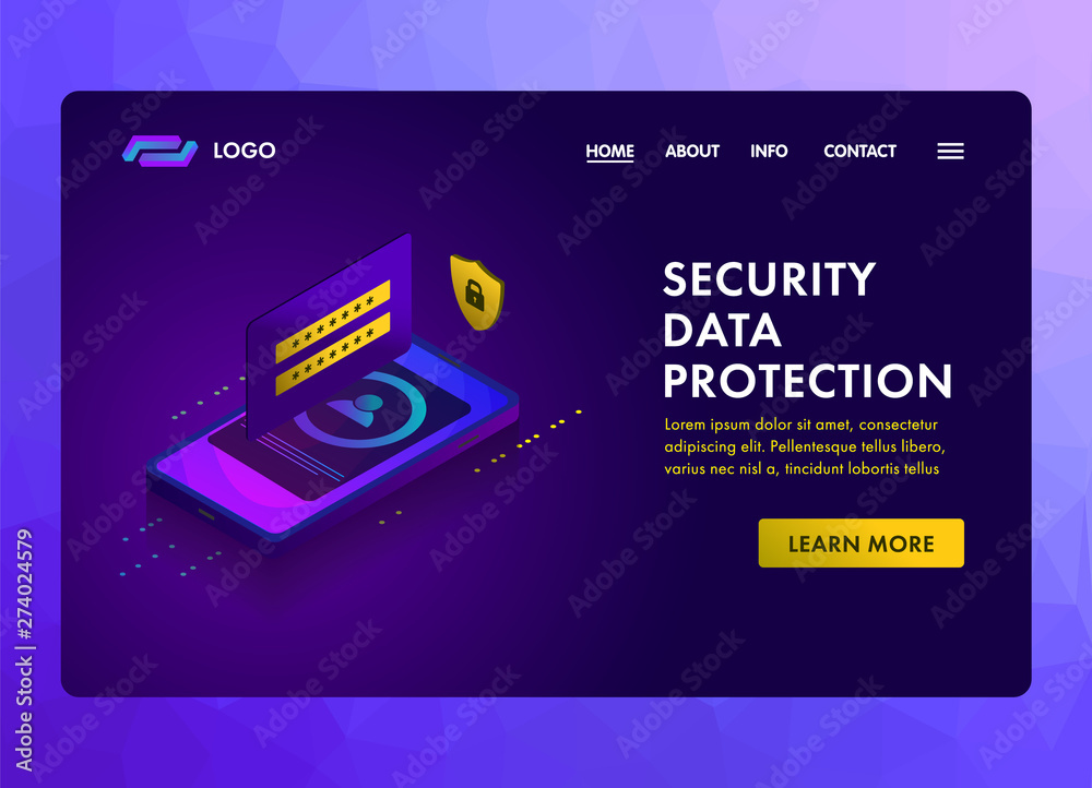 Poster mobile phone security data protection isometric design concept. data security, file storage with aut