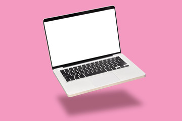 laptop computer mock up with empty blank white screen isolated on pink background. float or levitate laptop notebook with shadow. modern computer technology concept - obrazy, fototapety, plakaty
