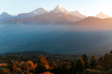 View of the snow-capped Himalayas in Nepal at sunrise