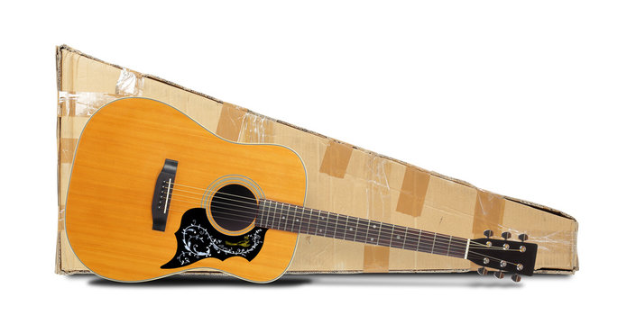 Postage and packing service, Music and sound - Acoustic guitar and package. Isolated