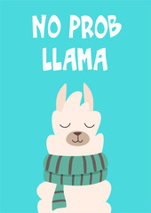Cute hand drawn card or a poster with a cartoon llama. Vector illustration with text.