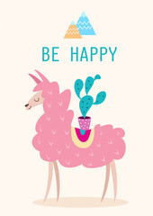 Fototapeta na wymiar Cute hand drawn card or a poster with a cartoon llama. Vector illustration with text.