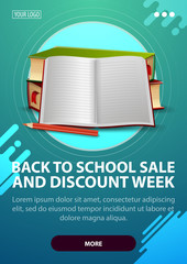 Back to school and discount week, vertical discount banner with modern design in dark shades for your website with school textbooks and notebook