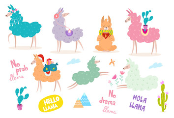Obraz na płótnie Canvas Cute hand drawn collection of cartoon llamas. Vector illustration with text for banner, poster, card, postcard and printable.