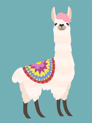 Stylish cartoon lama with ornament design. Vector illustration.