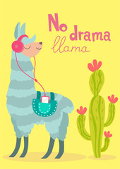 Vector stylish cartoon lama with cactus. No drama llama poster. © Tayisiya