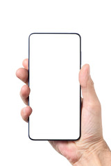 male man holding and showing  blank smart phone isolated  on white background  with clipping path around hand and display with copy space for your text
