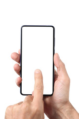 male man holding and showing  blank smart phone isolated  on white background  with clipping path around hand and display with copy space for your text