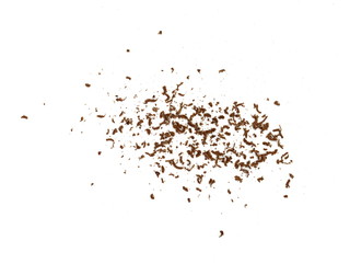 Grated chocolate. Heap of ground chocolate isolated on white background with clipping path, closeup.