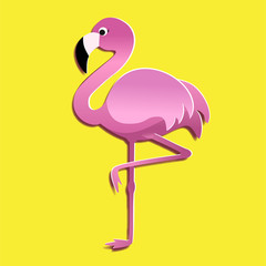 Pink flamingo isolated on yellow background. Vector illustration. Cut out of paper style. Design element for birthday cards, party invitations. 
