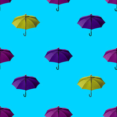 Seamless umbrella pattern Many colorful umbrellas on a bright blue background Photo print