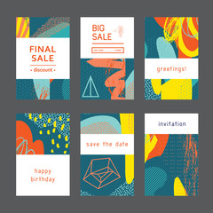 Set of creative universal geometric cards. Designs for prints, wedding, anniversary, birthday, Valentine's day, party invitations, posters, cards, etc. Vector. Isolated.