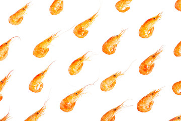 Shrimps background texture. A lot of sea shrimp pattern on white isolated background.