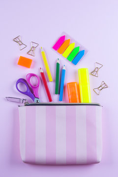 Back To School Concept. Pencil Case With School Supplies On Pink Background With Copy Space. Flat Lay, View From Above.