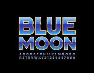 Fototapeta na wymiar Vector bright Sign Blue Moon. Blue and Golden Font with rivets. Chic Alphabet Letters and Numbers
