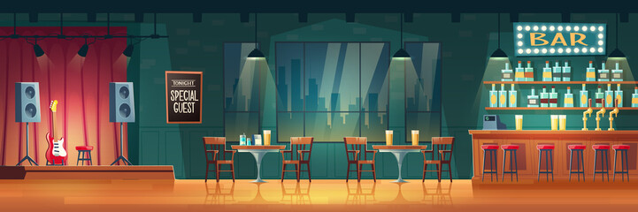 Bar or pub with live music cartoon vector interior. Stools near bar counter, shelves with alcohol drinks, table and chairs for visitors, performance stage with guitar and loudspeakers illustration