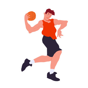 Basketball player. Man technical possession a ball. Cool dude in red t-shirt and dark shorts. The people in dynamic pose. Flat with texture vector illustration. Isolated.