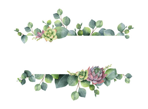 Watercolor vector wreath with green eucalyptus leaves, flowers succulents and branches.