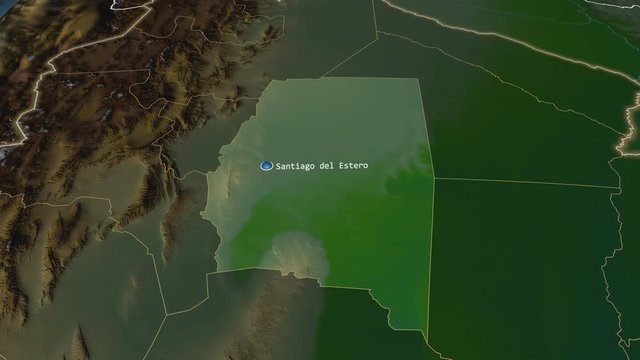 Santiago Del Estero - province of Argentina zoomed on the physical map of the globe. Animation 3D