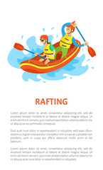 Rafting extreme sport postcard decorated by man and woman sitting on inflatable rubber boat, holding oars. People wearing helmet and life vest vector