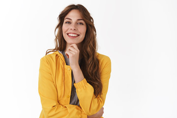 Interesting idea think about it. Amused enthusiastic happy good-looking european woman stylish...