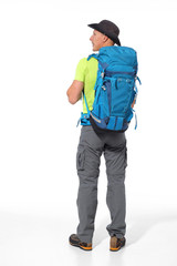 Male tourist with a backpack on a white background. - 274031399